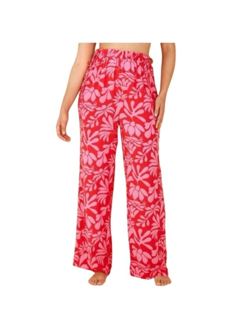 Shade & Shore Womens Red & Pink Tropical Print Beach Pants Size Large L